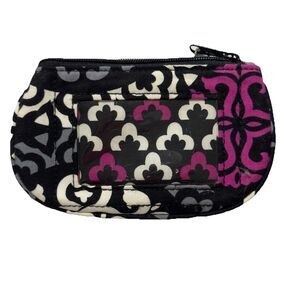 Vera Bradley Coin Purse Scroll Medallion Zip Top Side Pocket Black Grey Pink